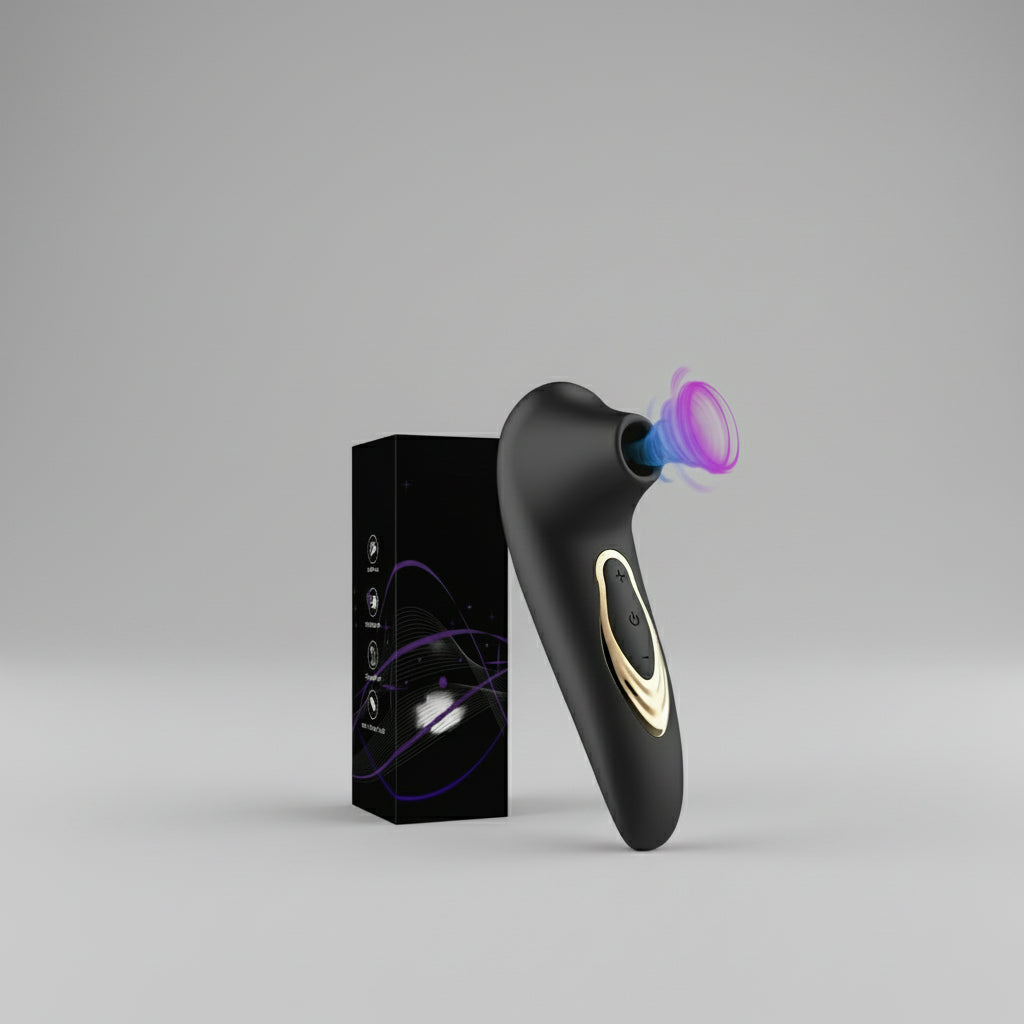 Black electronic device with colorful light effect next to its packaging on a white background